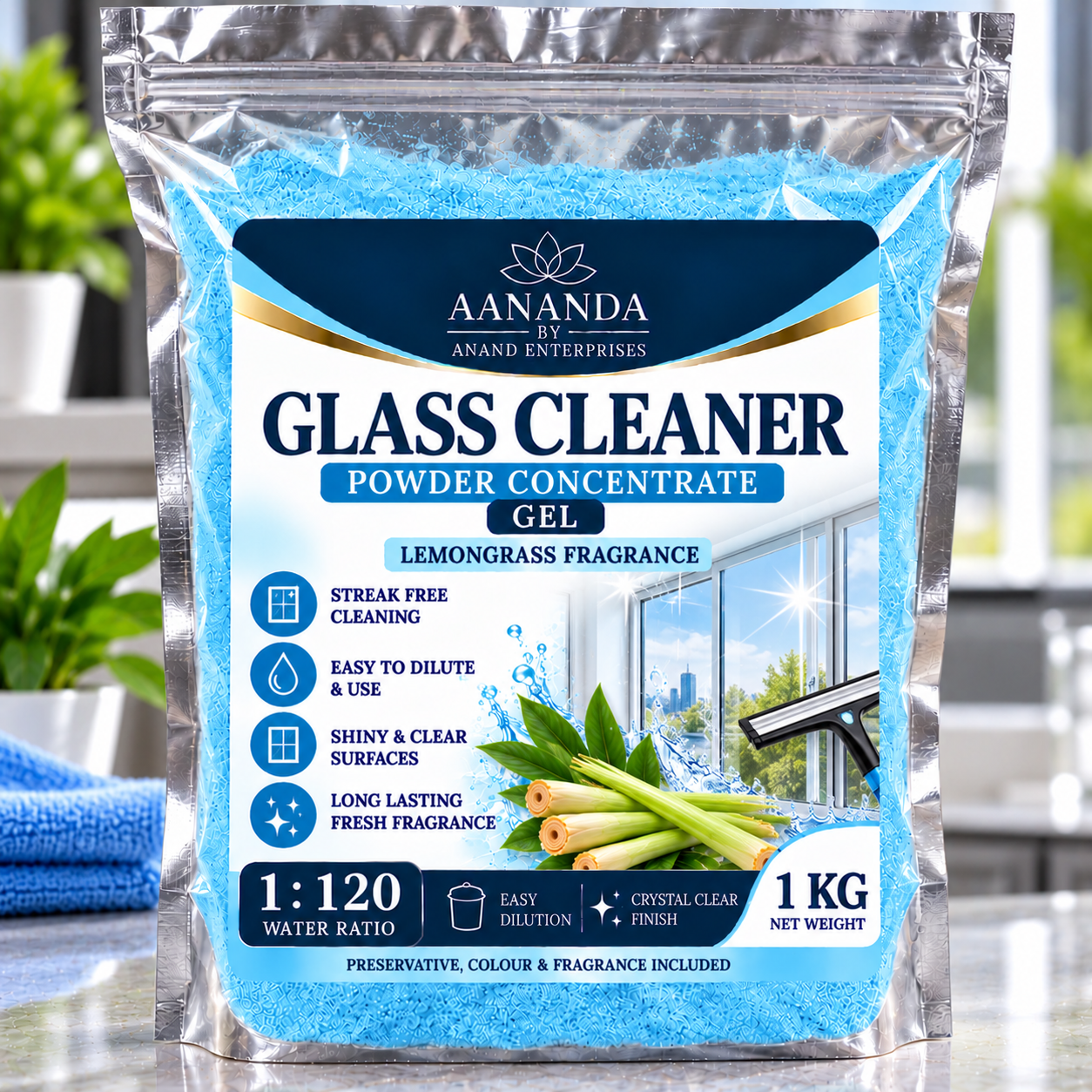 AANANDA Glass Cleaner Powder Concentrate Gel 1 KG – 1:120 Dilution Ratio | Lemongrass Fragrance